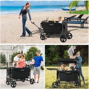 Vipsafe Foldable Wagon Stroller for 2 Kids, 3-in-1 Toddler Wagon with 5-Point Harness, Foot Brake, Detachable Canopy, Pull & Push Handle, Outdoor & Travel, Black