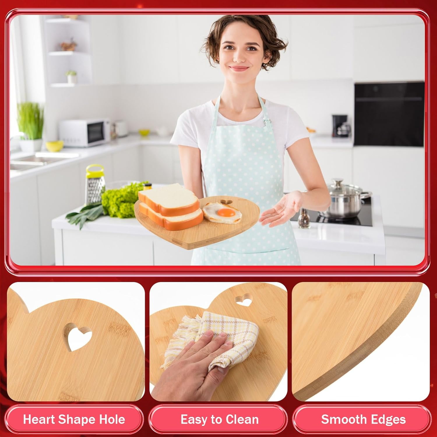 ABPETE Heart Shaped Cutting Board,Valentine's Day Bamboo Charcuterie Board, Bread & Cheese Serving Tray with Heart Hole, Wood Chopping Board for Housewarming & Wedding Gift (12.01x9.45x0.59")
