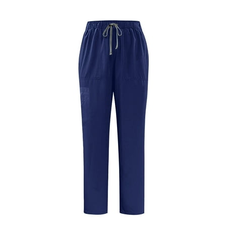 Women Men Workwear Uniform Pants Solid Straight Barrel Draw Rope Elastic Waist Multiple Pockets Worker Pants