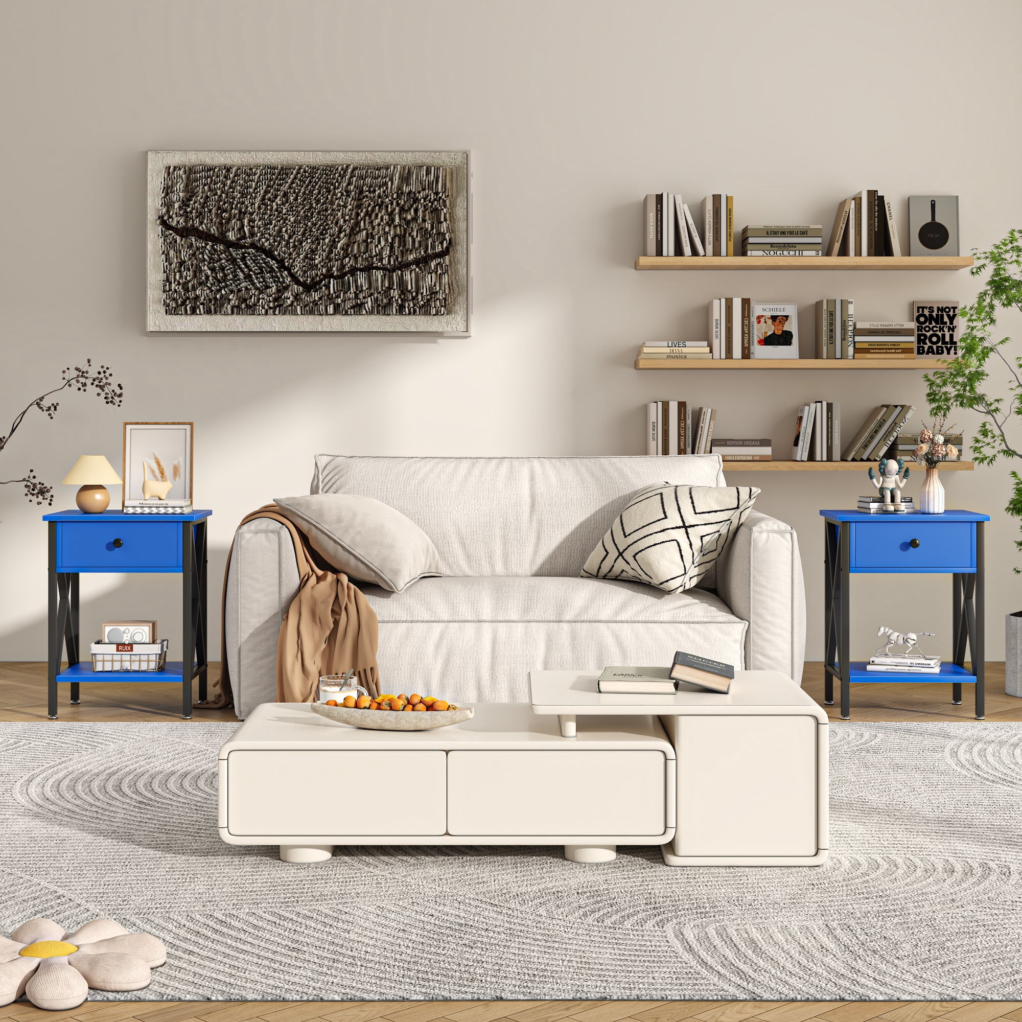 VECELO Industrial Nightstand, Set of 2, Dark Blue