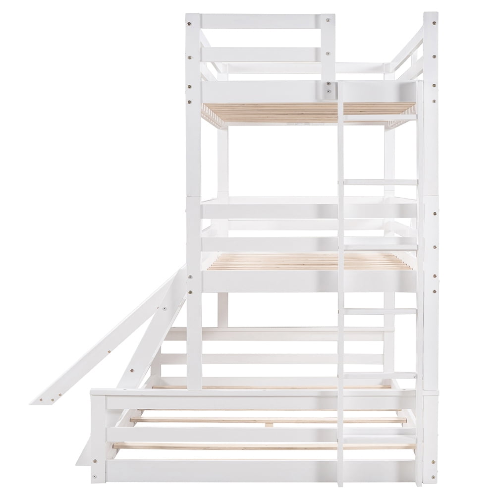 Kadyn Twin over Twin over Full Triple Bunk Bed with Convertible Ladder and Slide,White