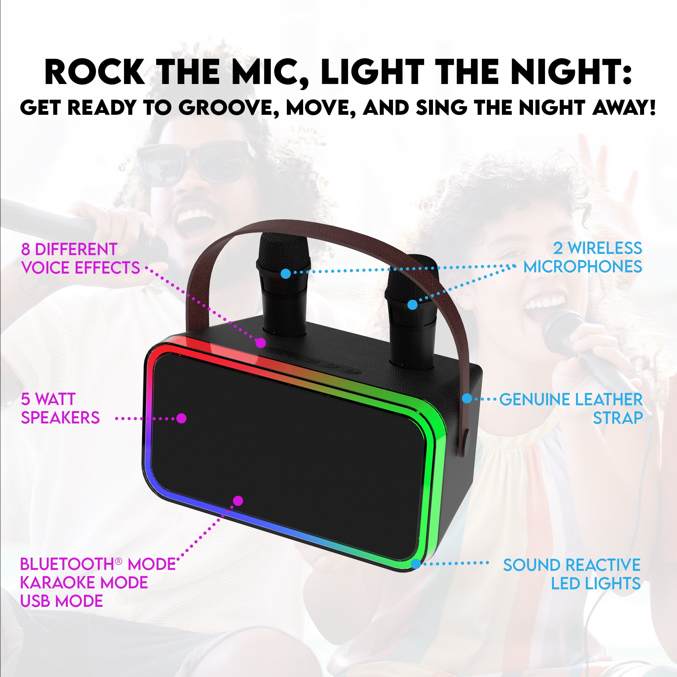 onn Karaoke Machine with 2 Wireless Microphones, LED Party Lights, 9 Hrs Playtime, Bluetooth, Voice Effects