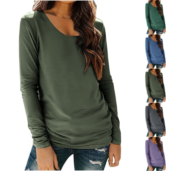 Lenago Summer Shirts for Women Women's Solid Color Long Sleeved Base With Round Neck Casual T-shirt And Pullover Plus Size Womens Shirts Festival Holiday
