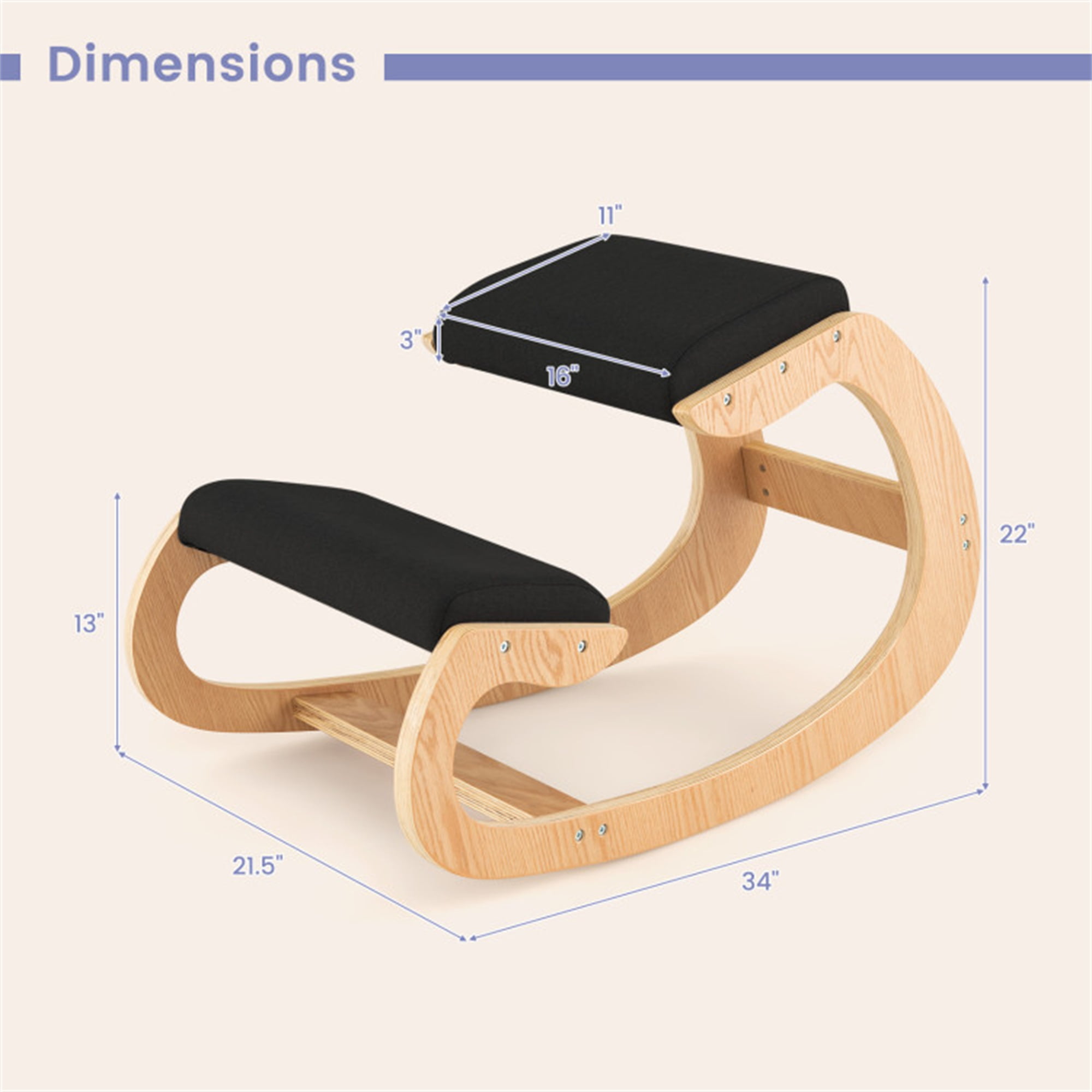 Demi Bonn Wooden Rocking Chair with Comfortable Padded Seat Cushion and Knee Support, for Home, Bedroom, Study, Black