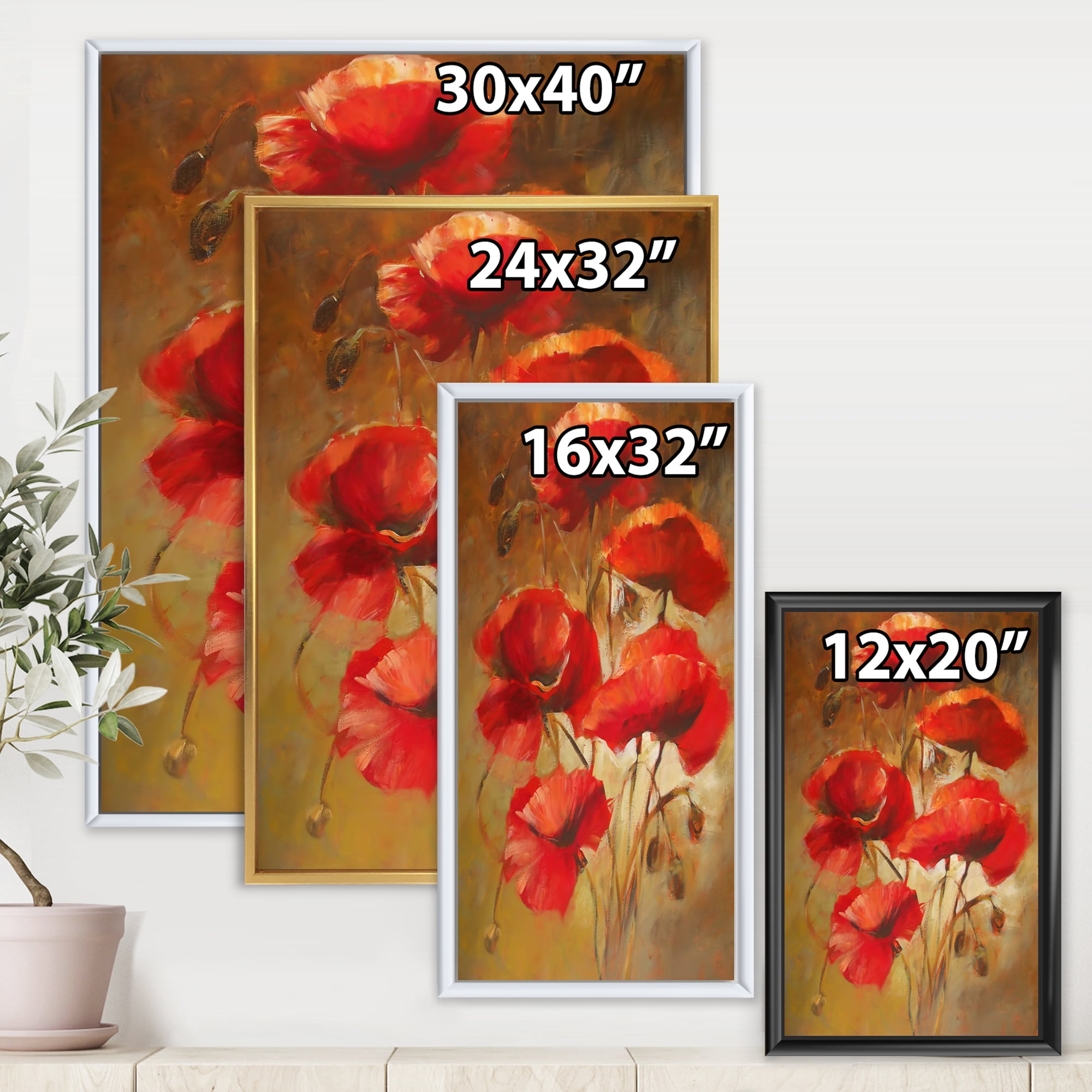 Designart 'Red Blossoming Poppies Over Wild Brown I' Traditional Framed Canvas Wall Art Print