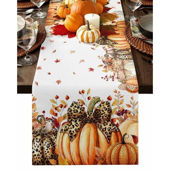 Fall Table Runner Thanksgiving Orange Leopard Pumpkin Table Runners Autumn Maple Leaves Berry Cotton Linen Dresser Scarf Kitchen Dining Table Decor for Fall Holiday Party Decor 13x36 Inch