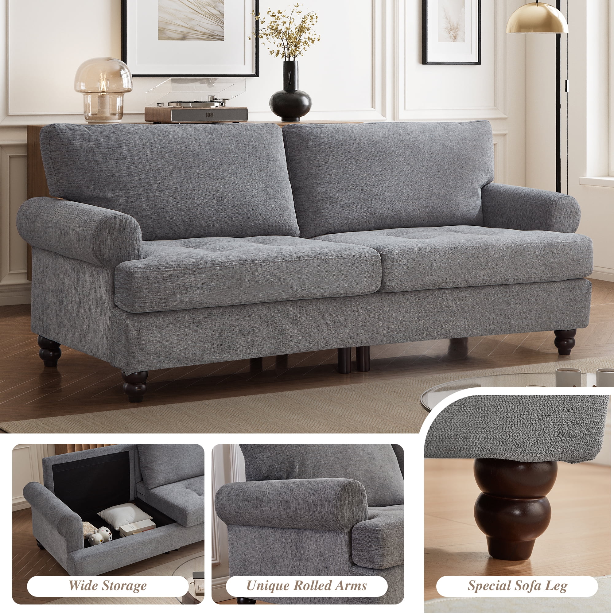 Me'on 81" Rolled Arm Sofa Couch with Storage, Mid Century Modern Decor Upholstered Couches for Living Room, Button Tufted Loveseat for Bedroom, Blue