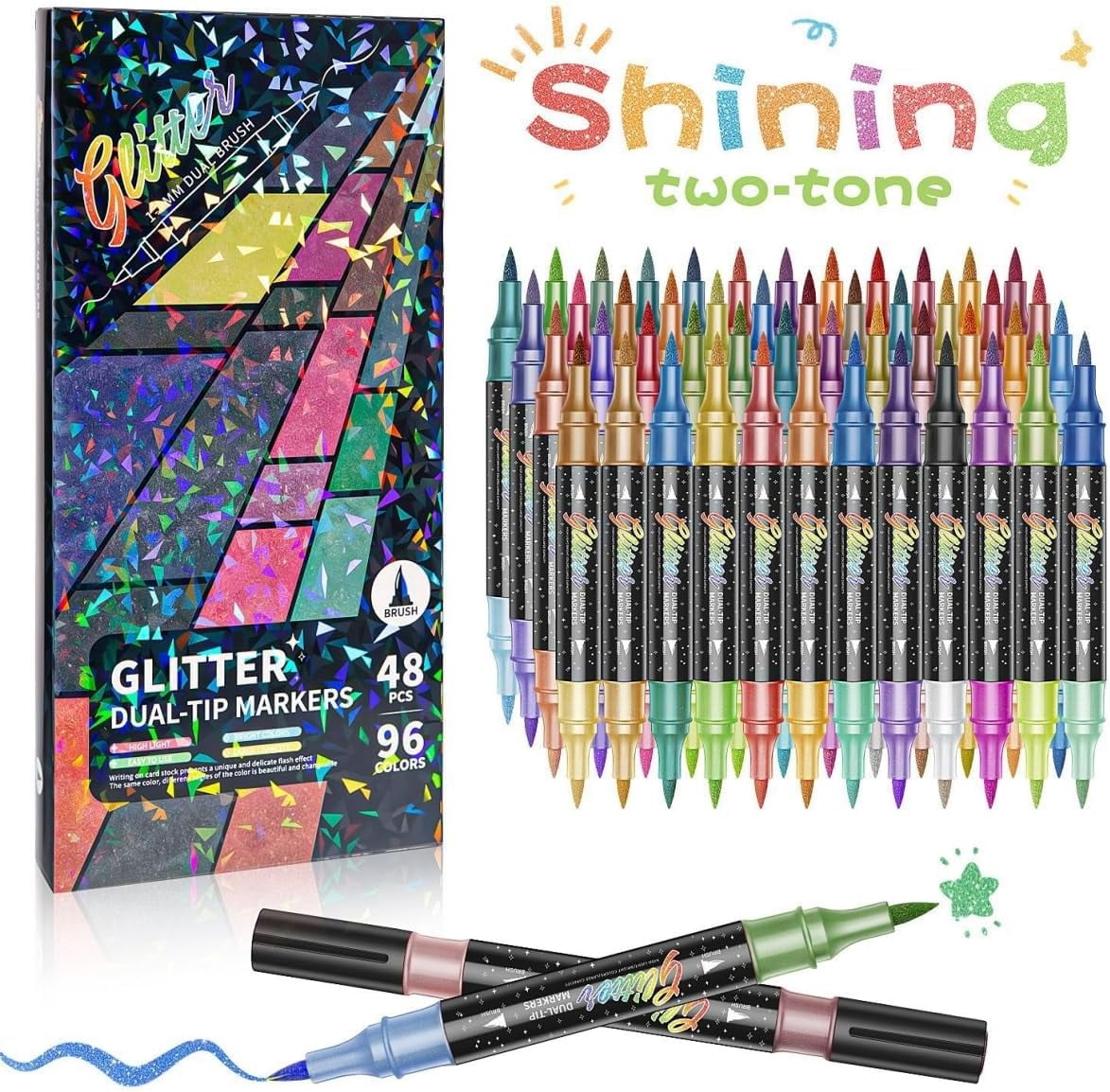 24/48/72/96 Colors Glitter Effect Brush Markers,Metallic Glitters Dual Tip Marker for Cards,2-In-1 Quick-Drying Large Capacity Pen (72)