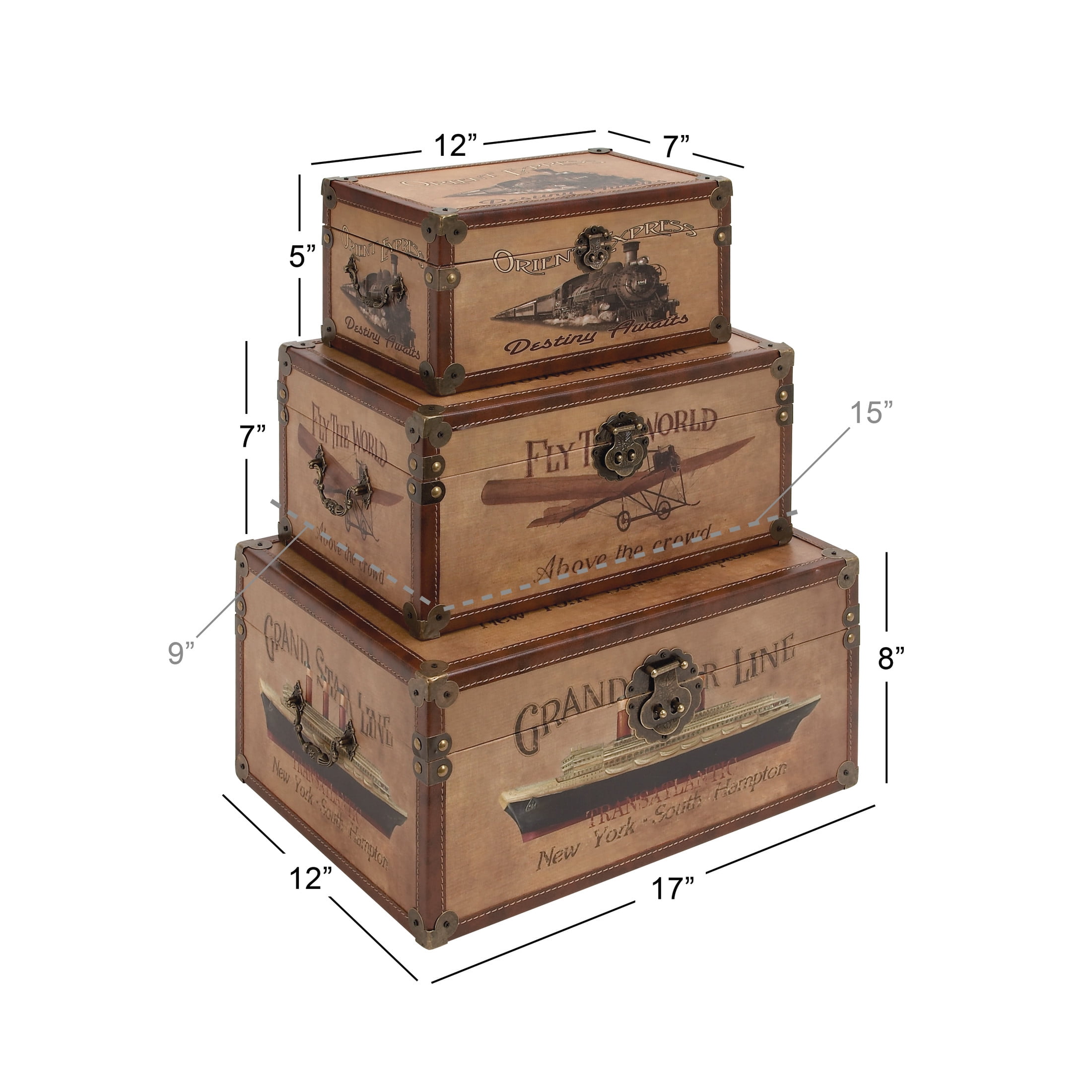 DecMode 12" x 5" Brown Faux Leather Vintage Train, Plane, Boat Transportation Trunk with Gold Hardware, 3-Pieces