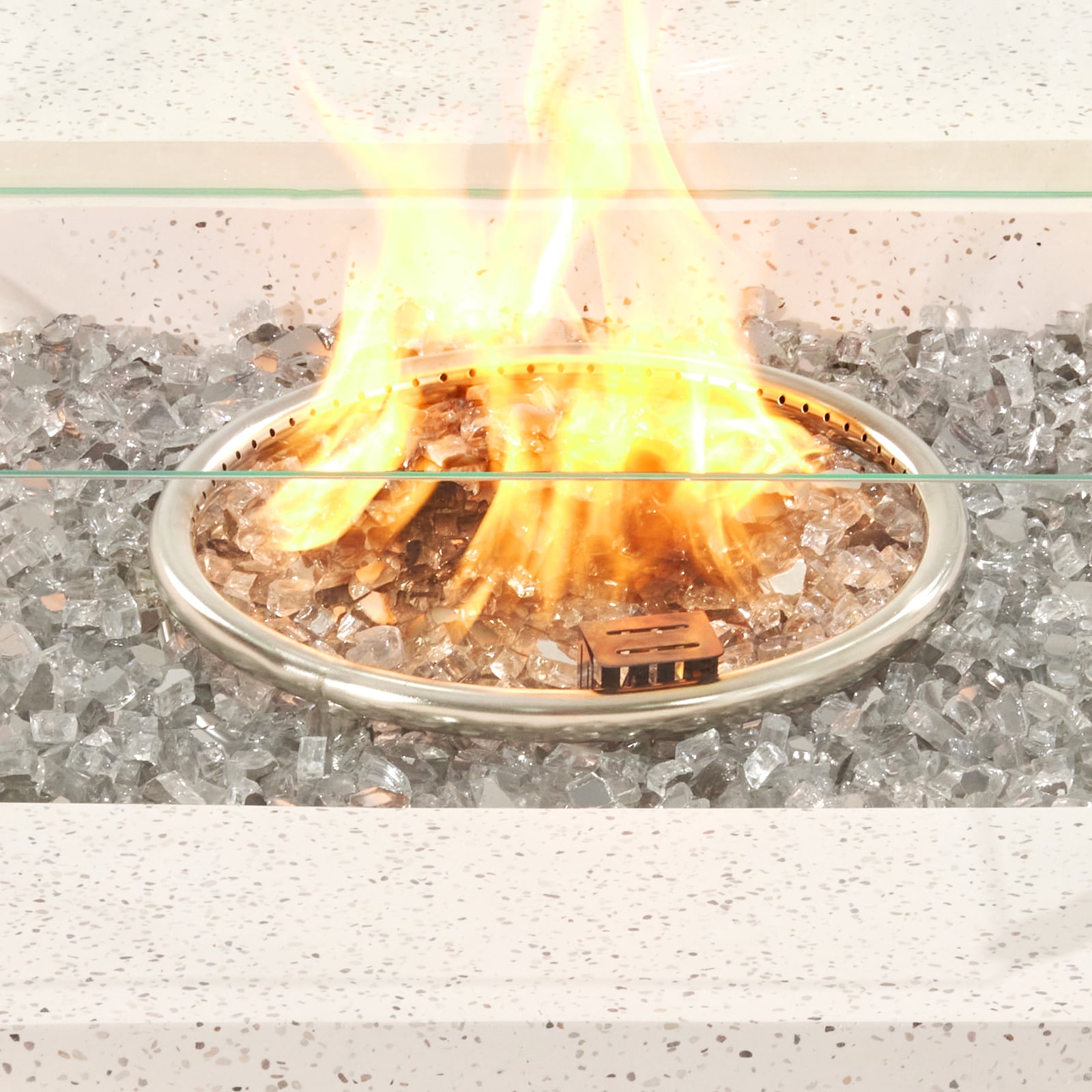 VENTOPYR Outdoor Propane Square Fire Pit Table, Terrazzo White Faux Stone 35-inch Planter Base, 50,000 BTU Stainless Steel Burner, Transparent Gray Fire Glass and Rain Cover, Metal Lid