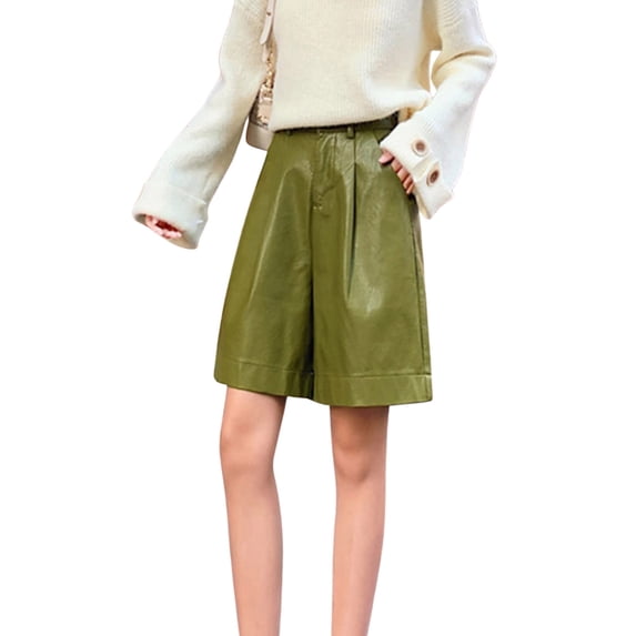 Women High Waist Faux Leather Booty Shorts Wide Leg Loose PU Leather Bermuda Casual Shorts with Pockets