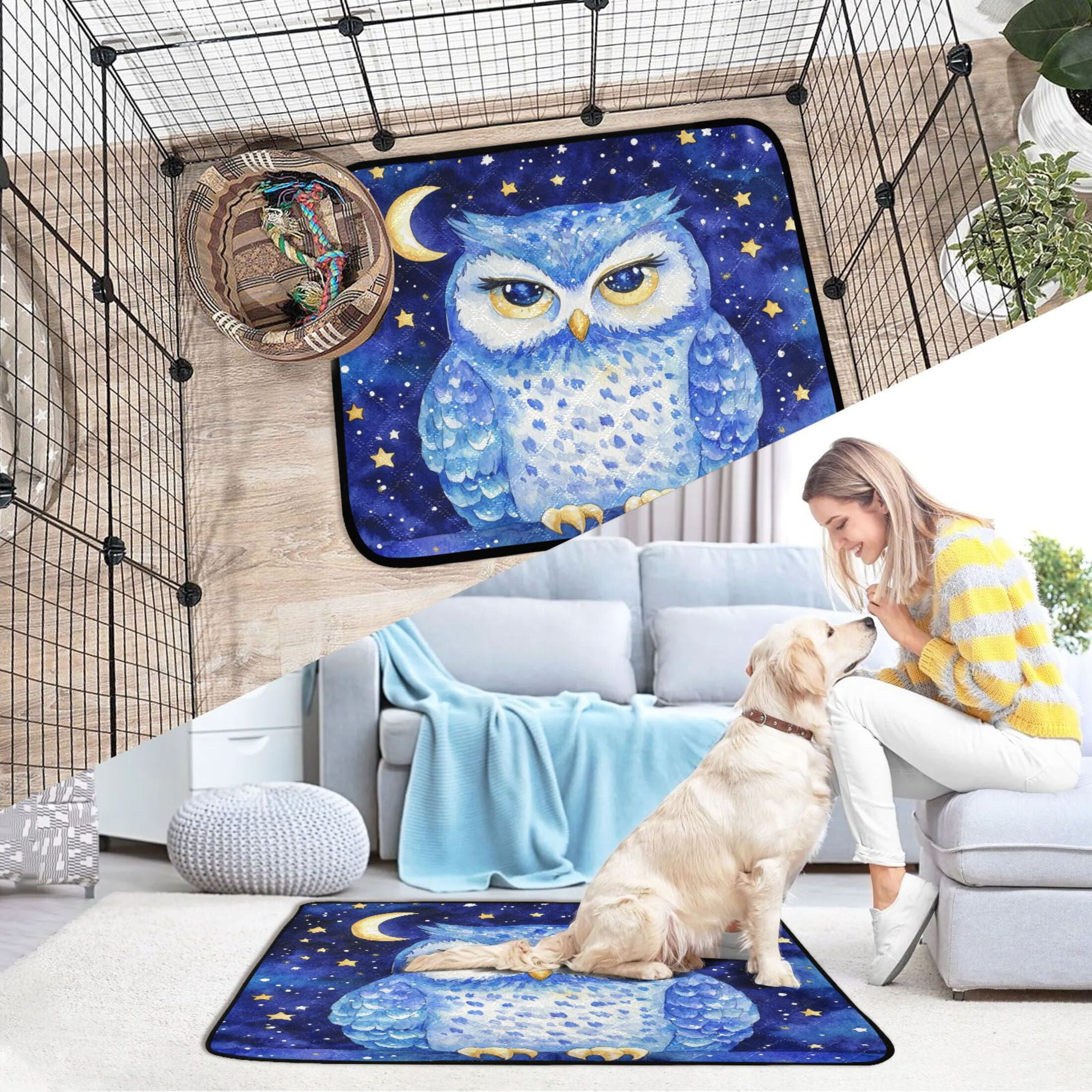 Qxltty Blue Starry Owl Cat litter Pads Pet Set of 2 Diaper Mats Center Anti-leakage Layer Absorbent Soft and Comfortable
