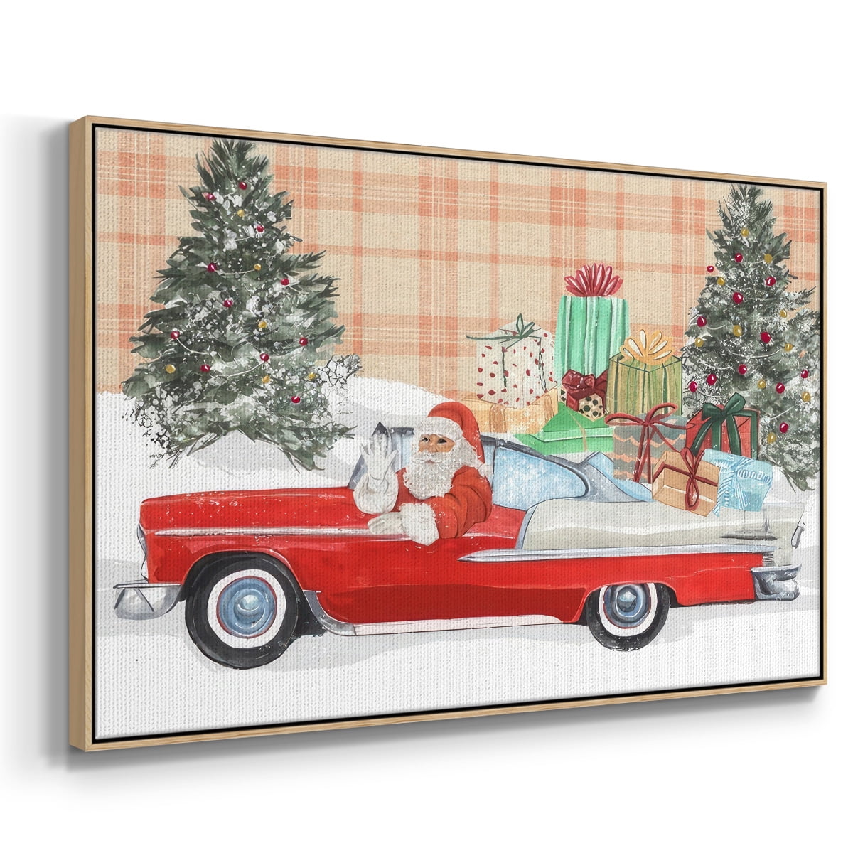 Santa on Wheels Collection A - Framed Gallery Wrapped Holiday Canvas - 17 x 25 - Natural Wood Frame