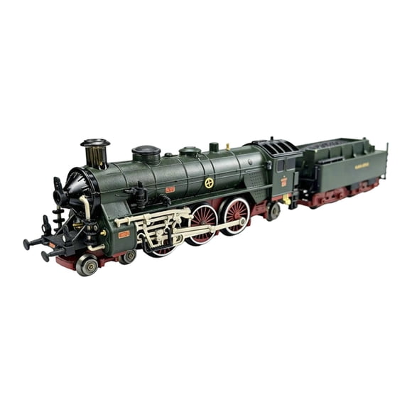 Juguete de locomotora de vapor, eléctrica, va hacia adelante y hacia atrás, con humo, luces. Verde