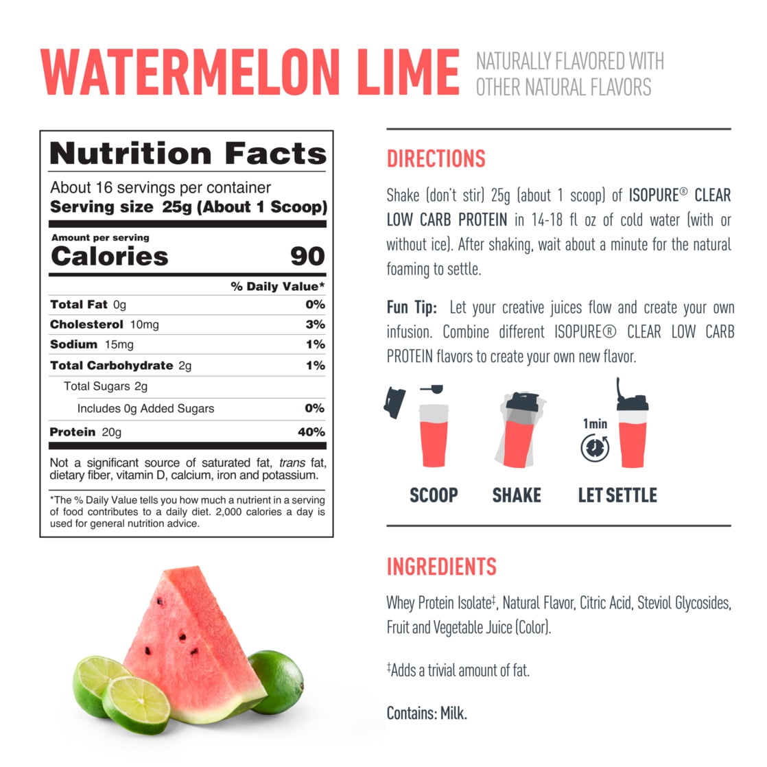 Isopure Clear Low Carb 100% Whey Protein Isolate Powder, Watermelon Lime, 20g Protein, About 16 Servings