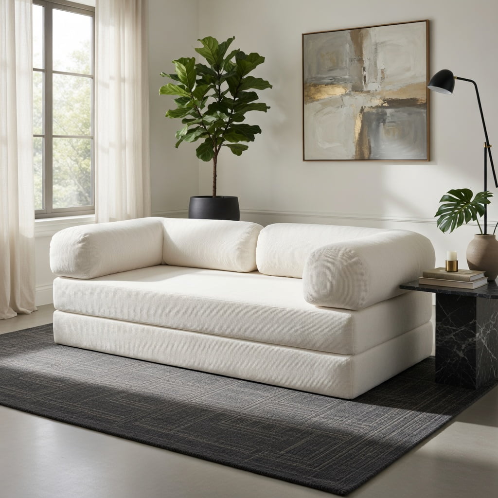 Hommoo 4-in-1 Convertible Folding Sofa Bed, Corduroy Futon with Removable Armrests, Floor Lounger & Compact Space-Saving Sleeper, Beige
