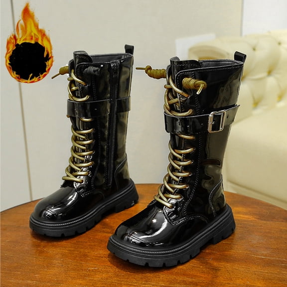 YMNXA Big Kids Girls Boots Non Slip Side Zipper Lace Up Flat Sole Fashion Comfortable Shoes For Daily Wear Black 3.5-4 Years