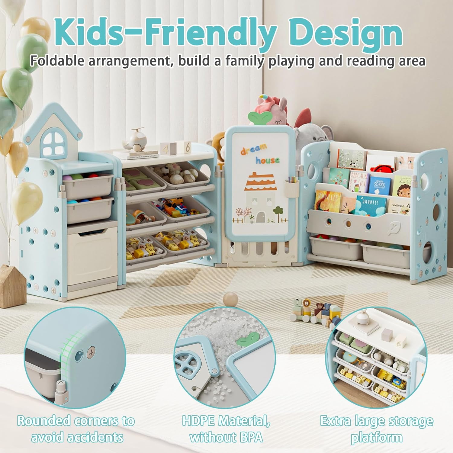 Kids Toy Storage Organizer with 3-Tier Bookshelf, NEORIVER Collapsible, 87.4W x 12.6D x 35.8H", with Removable Bins, Drawing Board & 3 Brushes