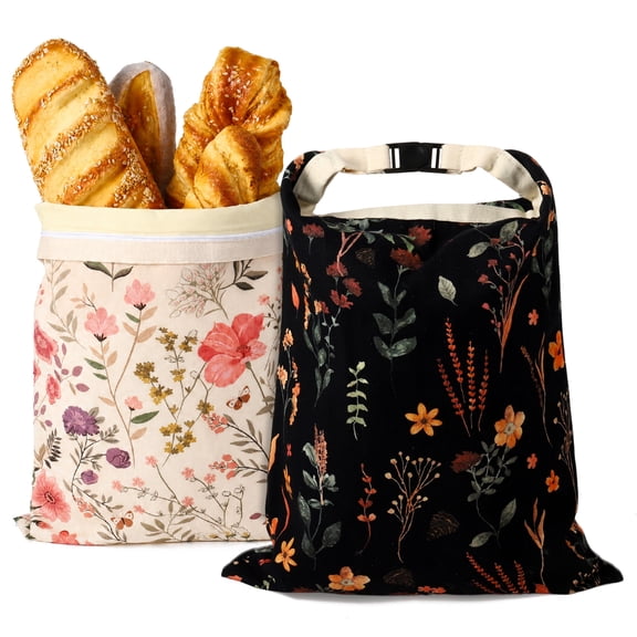 Armscye 2 Pack Beeswax Bread Bags for Homemade Sourdough - Organic Cotton Linen Reusable Storage Bags with Removable Lining, Keep Bread Fresh & Freezable Up to 3 Months (Black/Khaki Floral)