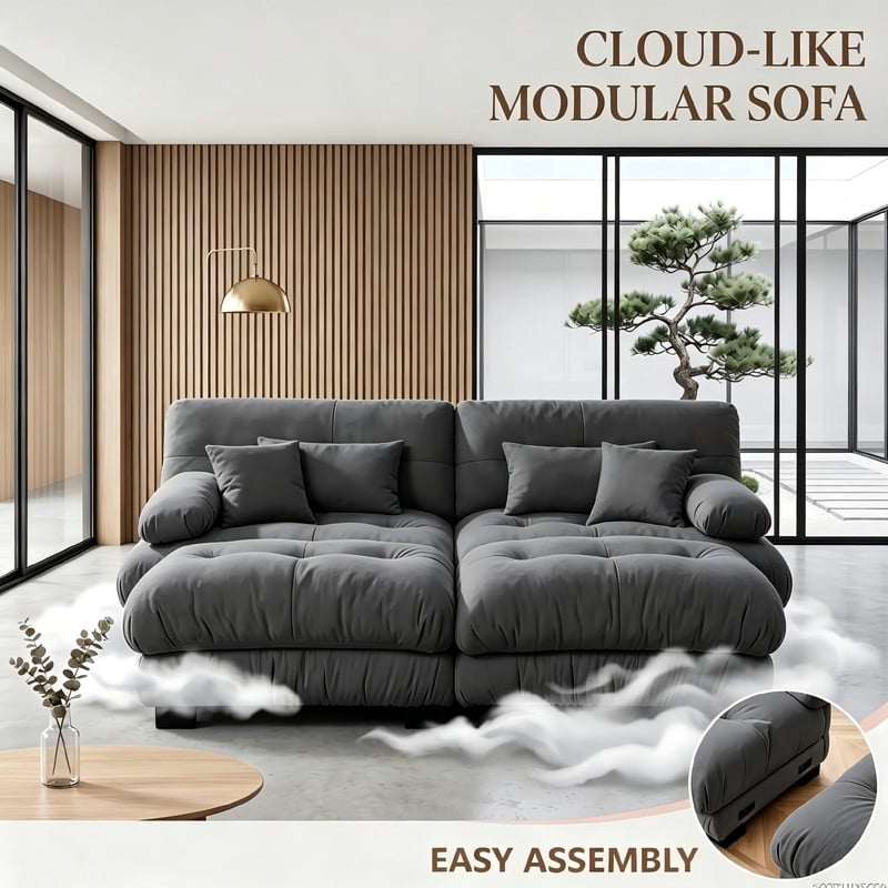 ANPPORT Cloud Couch Sleeper Sofa, Chenille Gray 2-Seater Modular Sofa with 2 Ottomans, 2 Lumbar pillows, 2 Pillows, Comfy Deep Seat Cloud Sofa, Convertible L-Shaped Floor Couch for Living Room