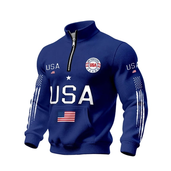 LNZGNM Quarter Zip Pullover Men Flag Print Waffle Sweatshirt Stylish 250th Anniversary 1776-2026 Patriotic Pullover Outdoor Tops,Royal Blue S