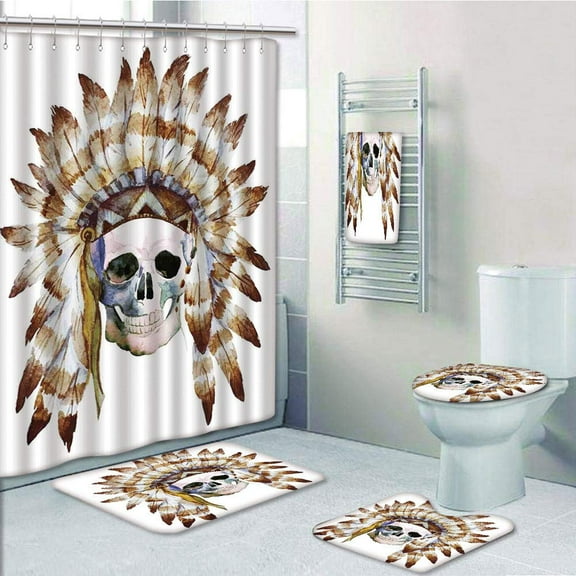 PRTAU Skull American Skull Indigenous Dead Man Watercolor with Feathers Ethnic 5 Piece Bathroom Set Shower Curtain Bath Towel Bath Rug Contour Mat and Toilet Lid Cover