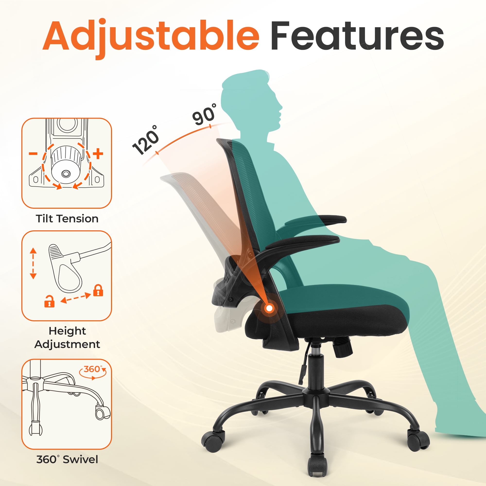NEO CHAIR Office Chair Gaming Desk Computer Mesh Ergonomic Chair with Flip-up Arms Comfy Lumbar Support Adjustable Height Rolling Wheels Chair for Home Office (Black)