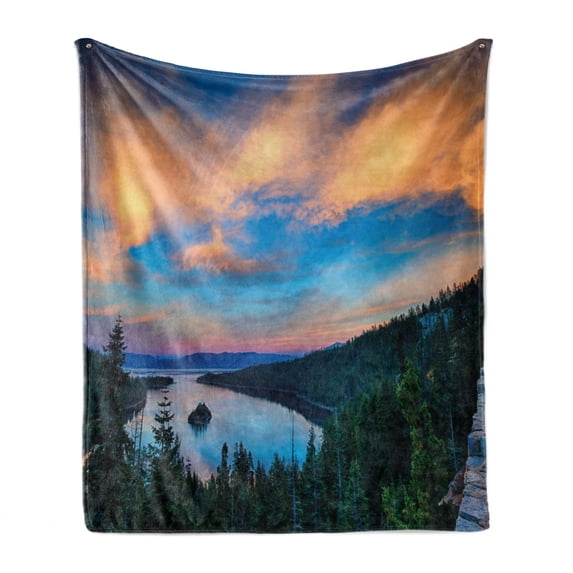 Lake Tahoe Soft Flannel Fleece Throw Blanket, High Angle View Californian Freshwater Lake Tranquil Scene Sundown, Cozy Plush for Indoor and Outdoor Use, 70" x 90", Forest Green Sky Blue, by Ambesonne