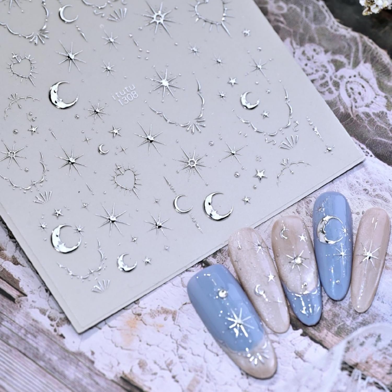 RAGUPEL Silver Nail Stickers 5D Embossed Star Moon Nail Decals Cute Hearts Nail Designs Galaxy Sun Nails Supplies Self Adhesive Golden Goth Valentines Gel Nail Decals Stickers for Women