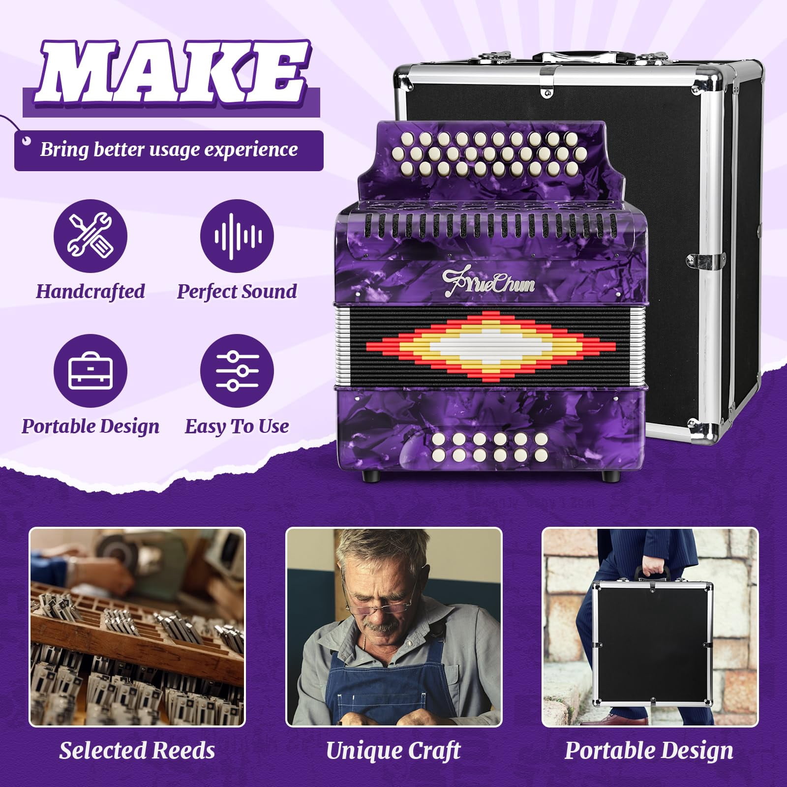 YueChun Accordion, 31 Keys 12 Bass G/C/F Diatonic Button Accordion , Portable Professional Button Accordion with Case (Purple)