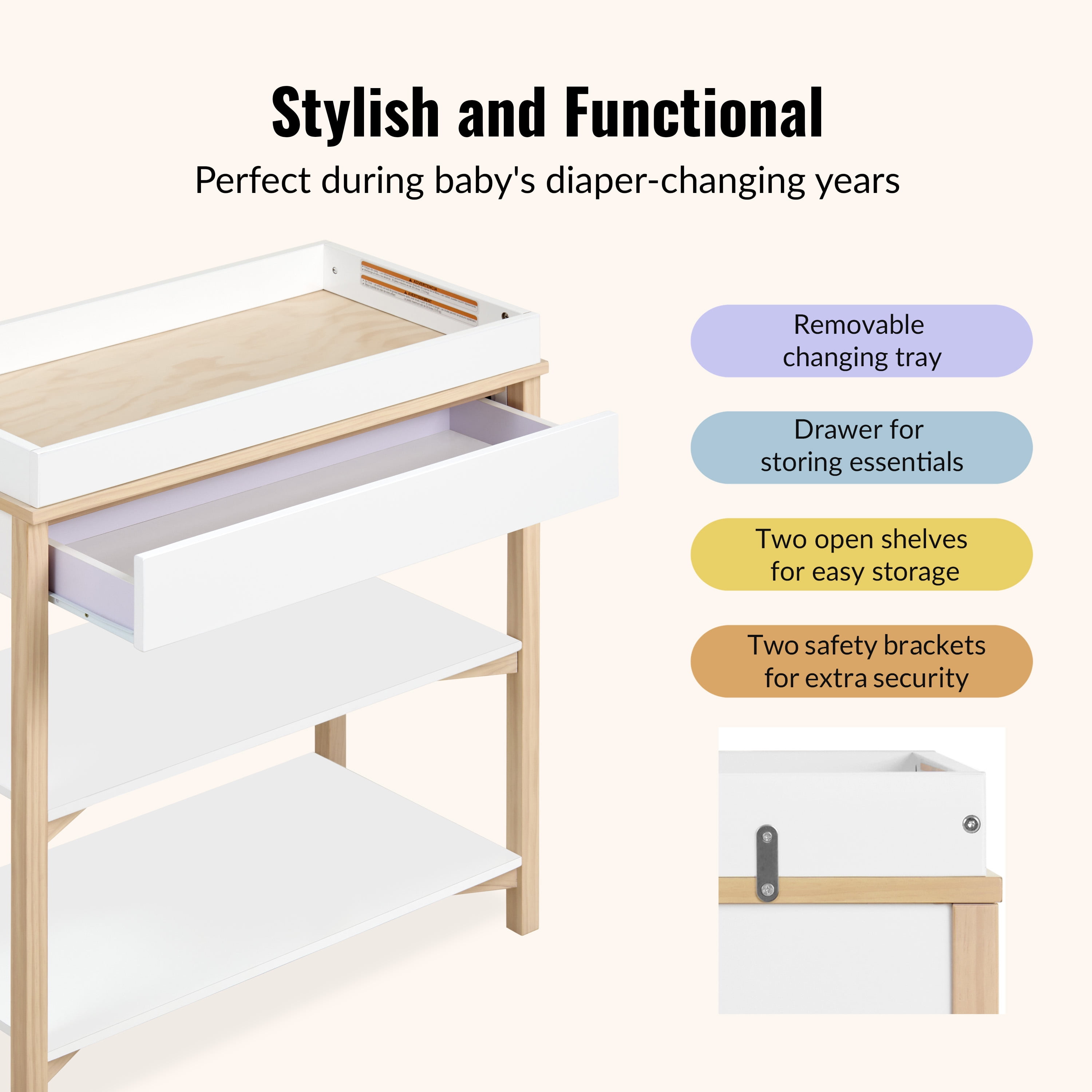 Dream On Me Owen Changing Table in Vintage White Oak, JPMA Certified, with two bottom shelves for storage