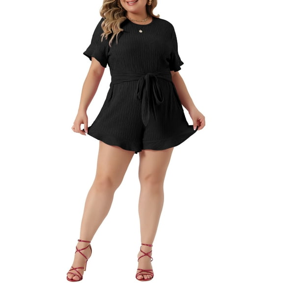 Agnes Orinda Women's Plus Size Rompers Spring Summer Short Sleeve Front Tie Beach Short One Piece Jumpsuits 1X Black
