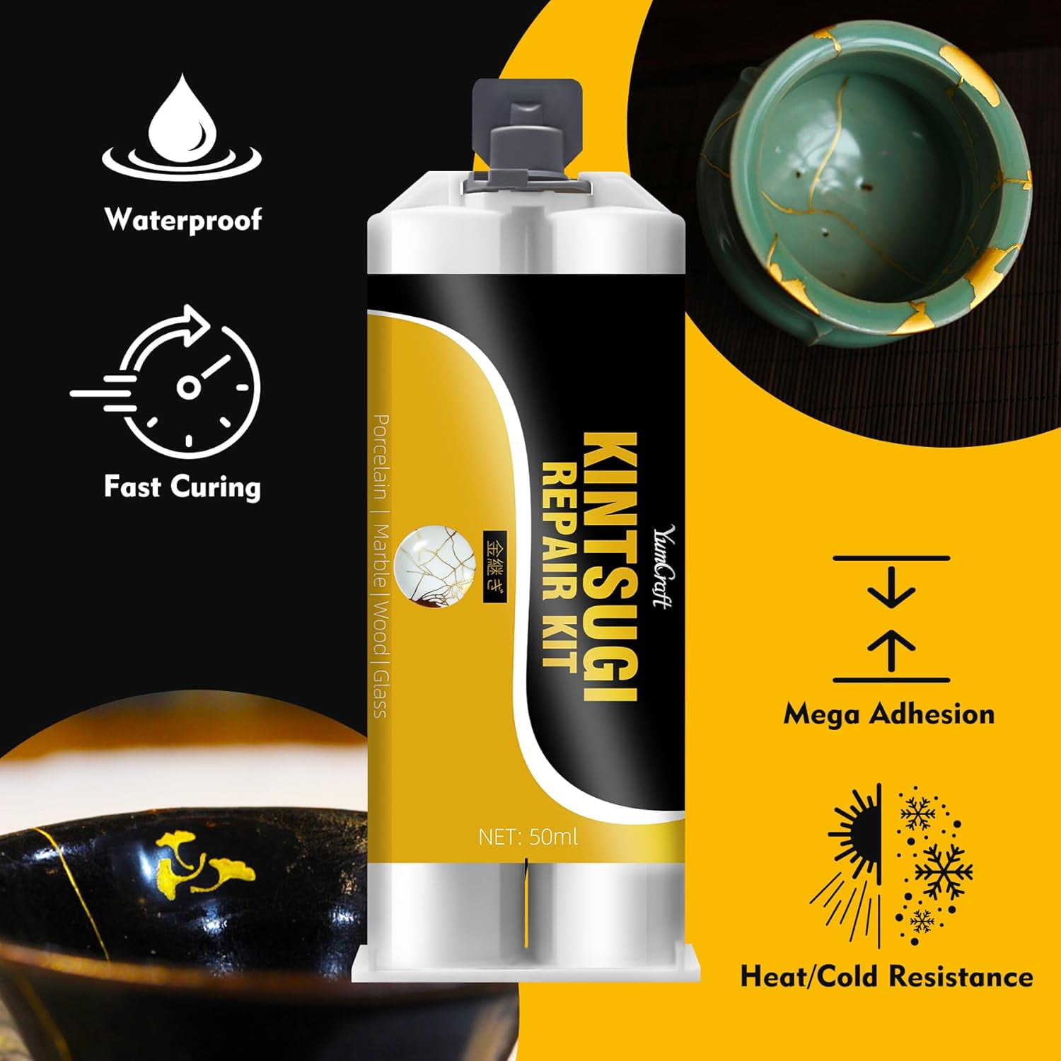 Kintsugi Repair Kit Gold & Silver, 50ml Food Safe Ceramic Glue, Japanese Art Craft Kintsugi Glue for Broken Pottery, Porcelain, Glass, Jade, Bowls, Beginner-Friendly for Restoring Meaningful Gifts