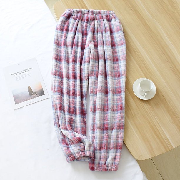Pantalones de pijama de franela de invierno para hombres y mujeres, pantalones cálidos de polar coral grueso a cuadros con cuello alto para parejas, pantalones de casa con bolsillo