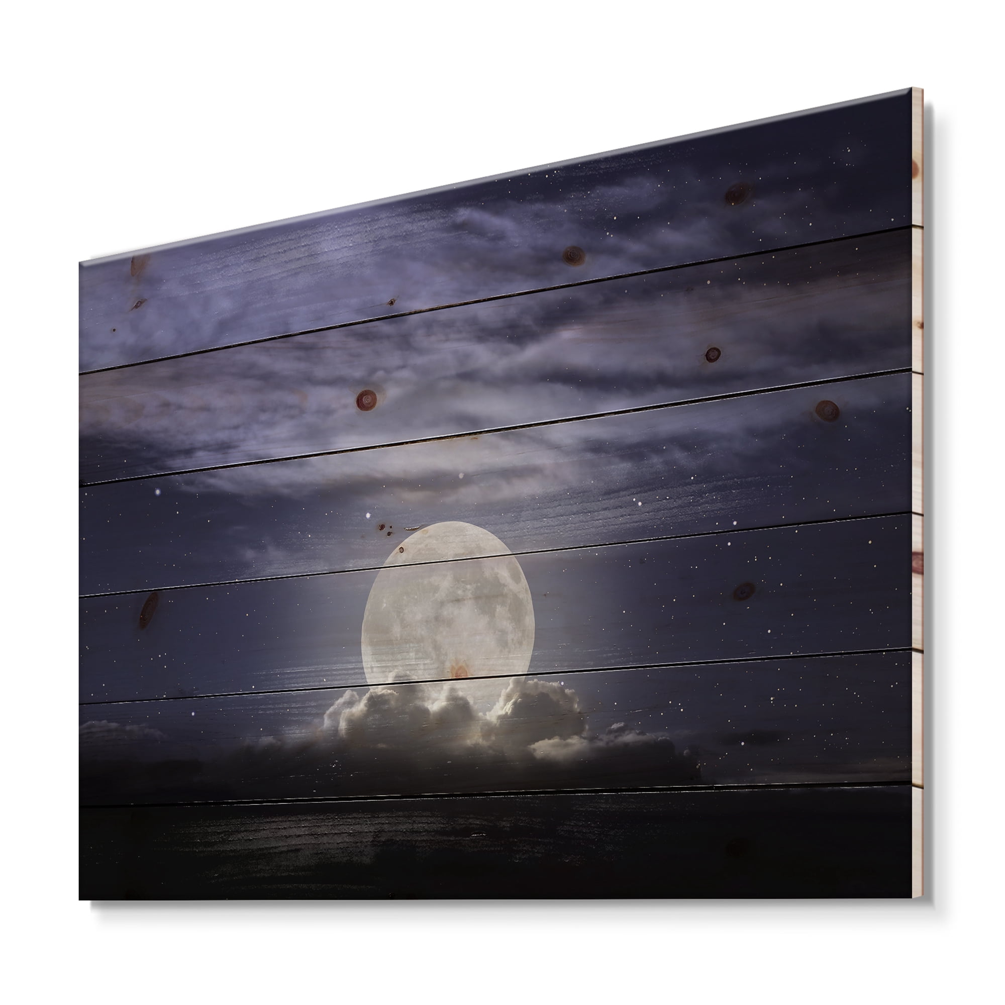 Designart 'Full Moon Rising In A Cloudy Night Sky' Nautical & Coastal Print on Natural Pine Wood