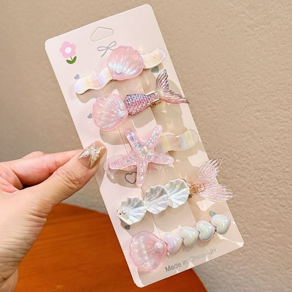 Crusward 5 Pcs Mermaid Hair Clip Set, Shiny Shells Pearl Head Pieces Princess Hair Accessories for Toddler Little Girl Birthday Party Gifts