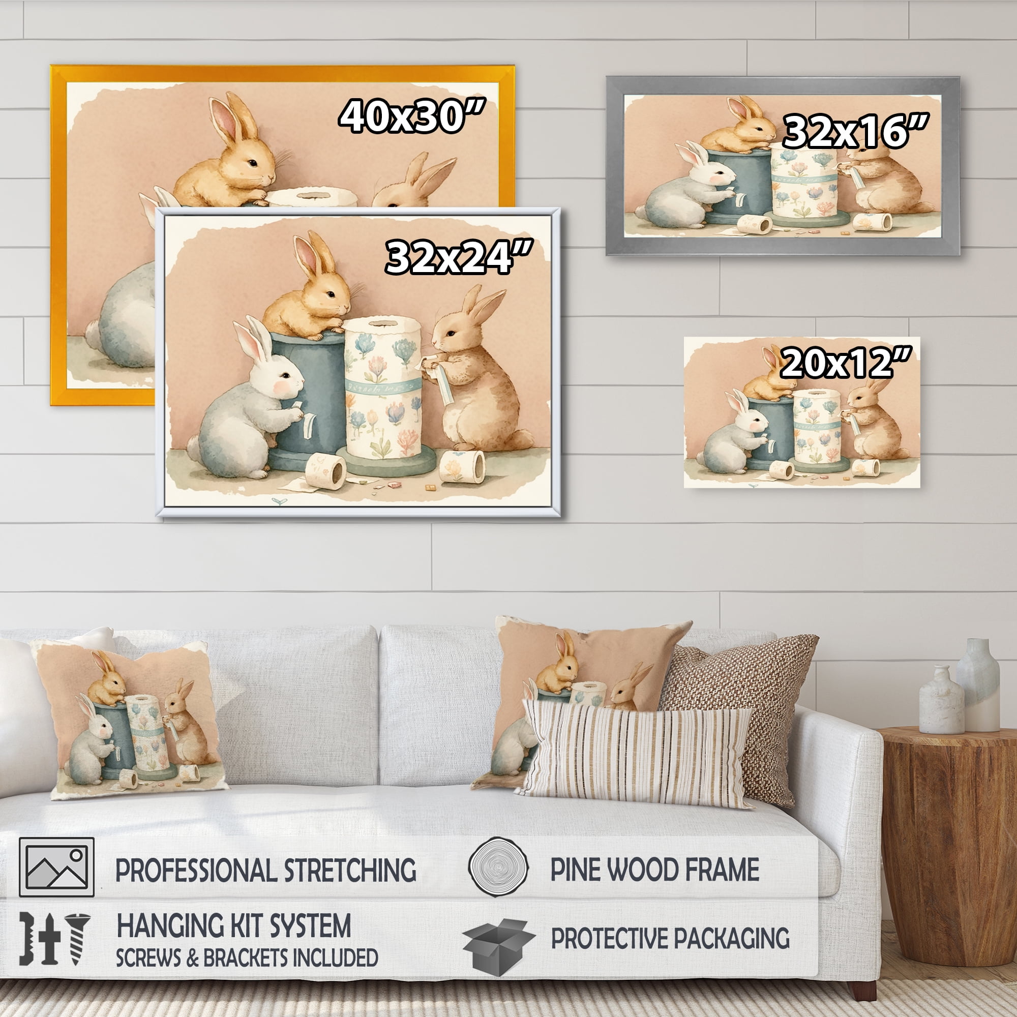Designart Bunnies With Roll Of Toilet Paper And Flowers Canvas Wall Art