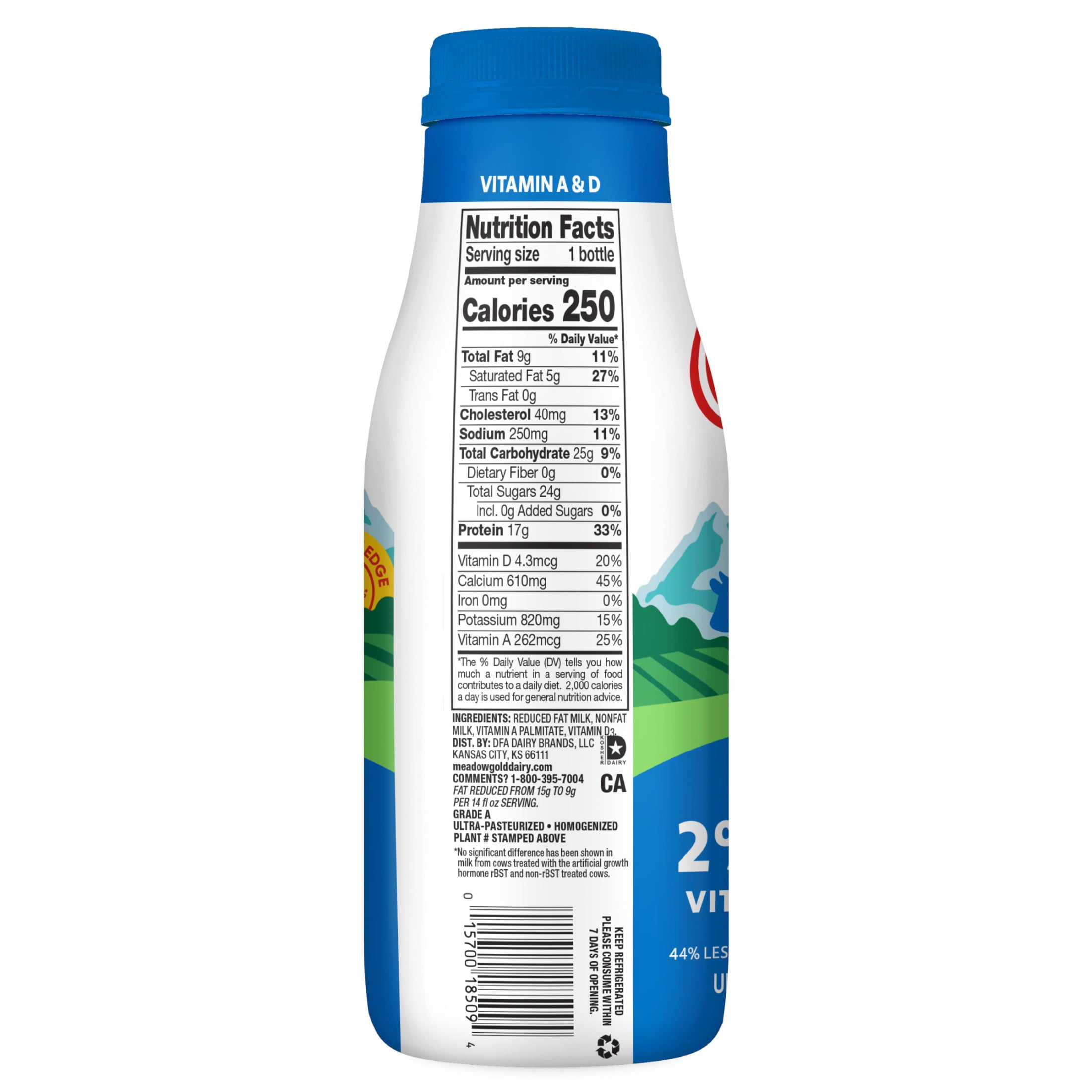 Meadow Gold Ultra-Pasteurized 2% Reduced Fat Milk 14 Fl Oz