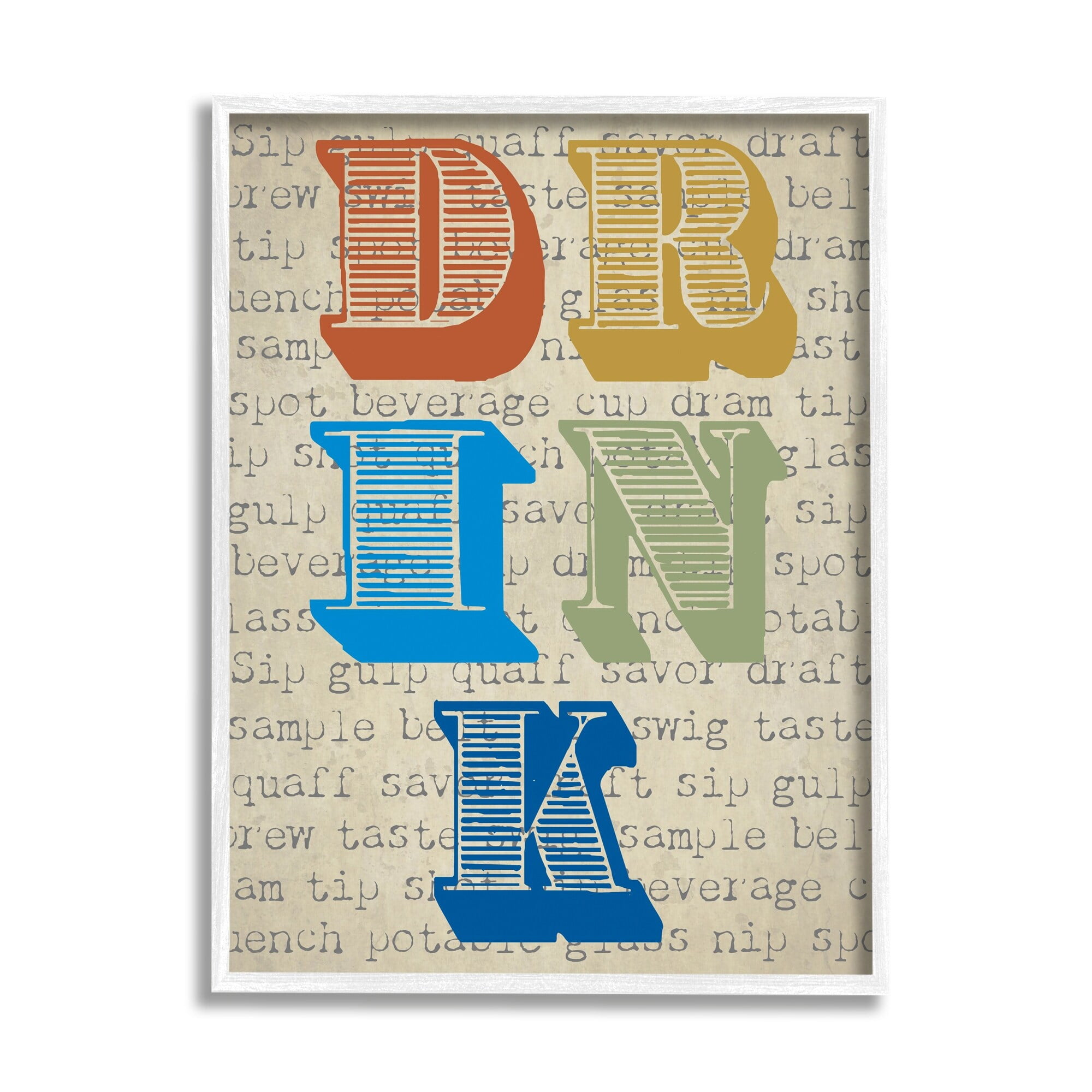 Stupell Industries Drink Antique Stamp Style Typography Kitchen Words Graphic Art White Framed Art Print Wall Art, Design by Graffitee Studios