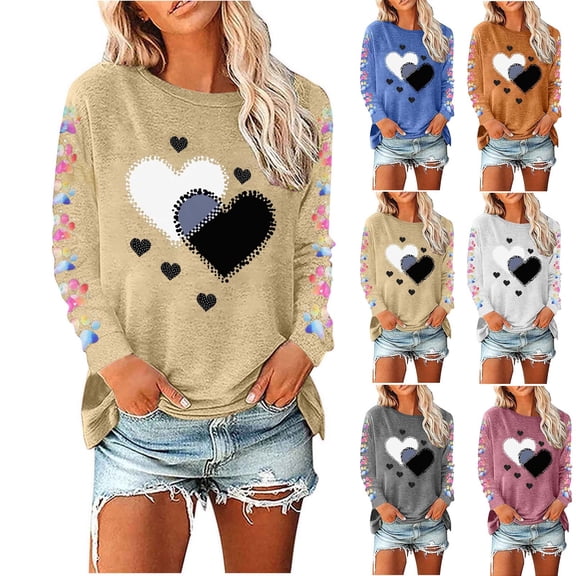 VKOYWKM Womens Valentine Shirts Cute Heart Print Long Sleeve T-Shirts Casual Crew Neck Holiday Tops Classic Romantic Valentine Clothes