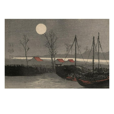 Sailboats Moored under the Moon. Print Wall Art By Uehara