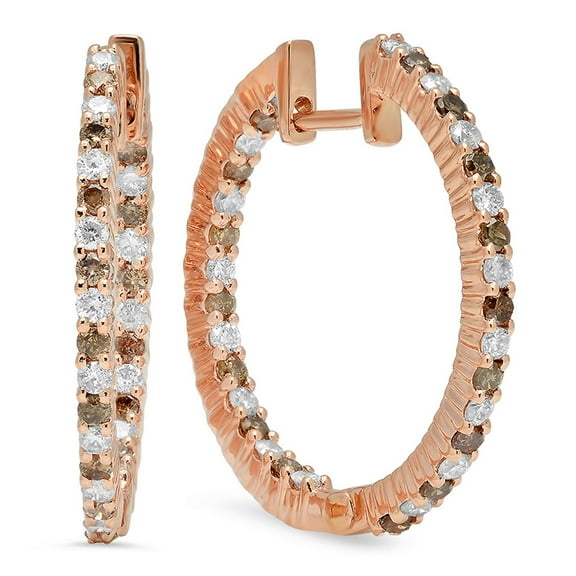 0.80 Carat (ctw) 10K Rose Gold Round Champagne & White Diamond Ladies Fine In And Out Hoop Earrings 3/4 CT