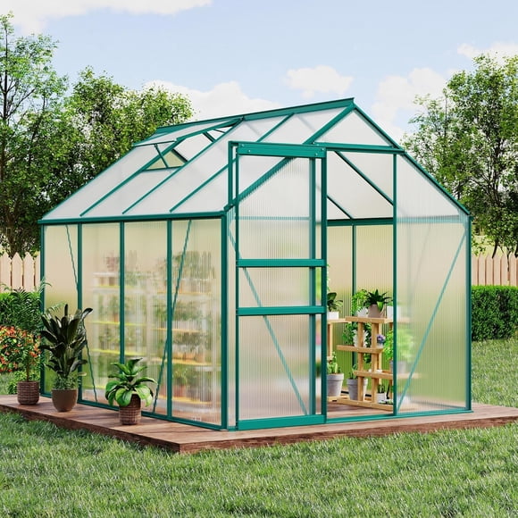 Greenhouse 6x8 FT, Walk-In Polycarbonate Greenhouse with Aluminum Frame – Outdoor Garden Plant House with Adjustable Roof Vent & Rain Gutter for Backyard, Patio & Lawn