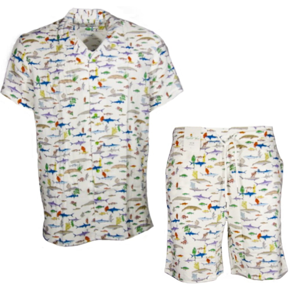 Men's 2 Piece Shorts and Shirt Tropical Casual Matching Beach Clothing Set,  White Sharks, L