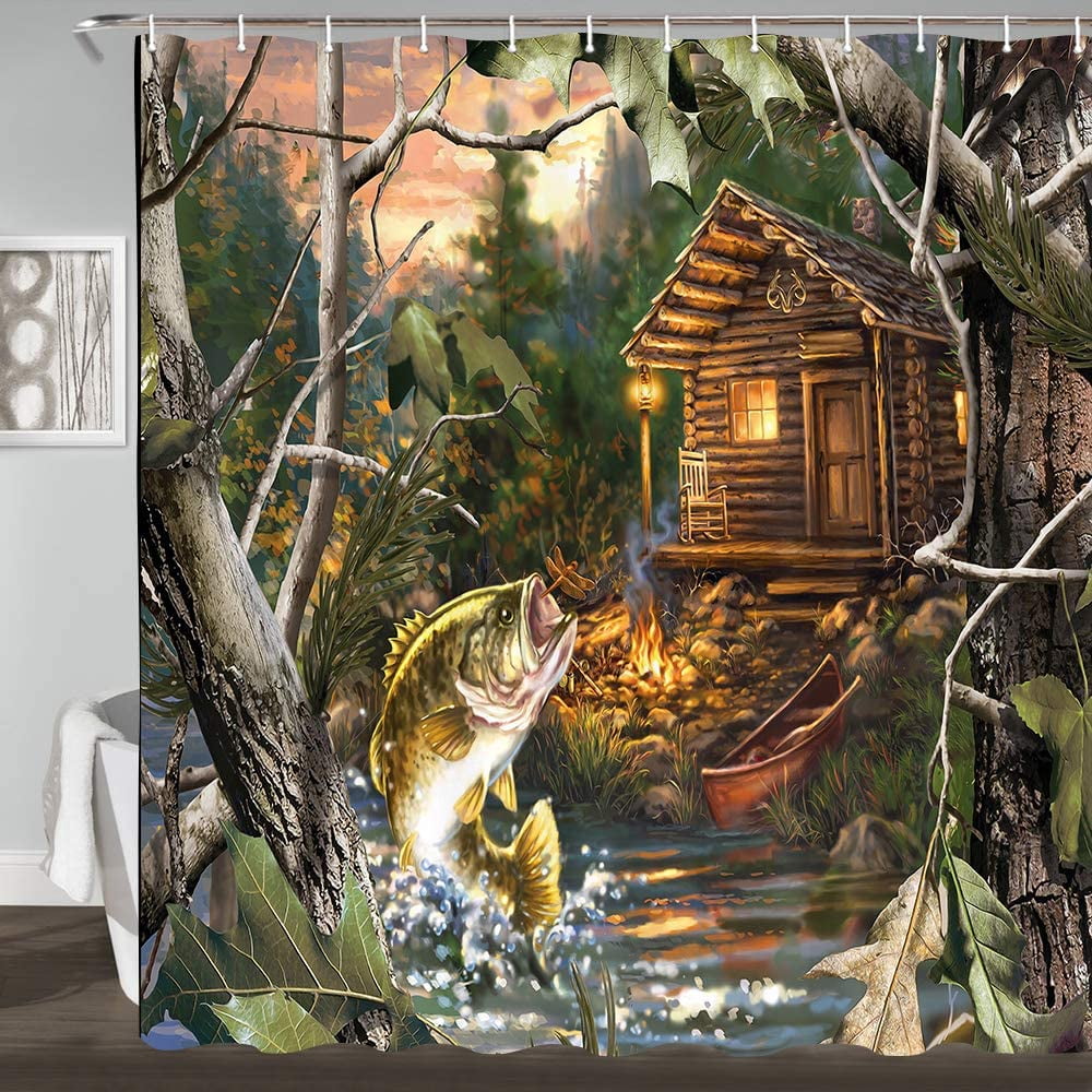 Sonernt Farmhouse Camo Shower Curtain, Bass Fish Wildlife Nature Lodge