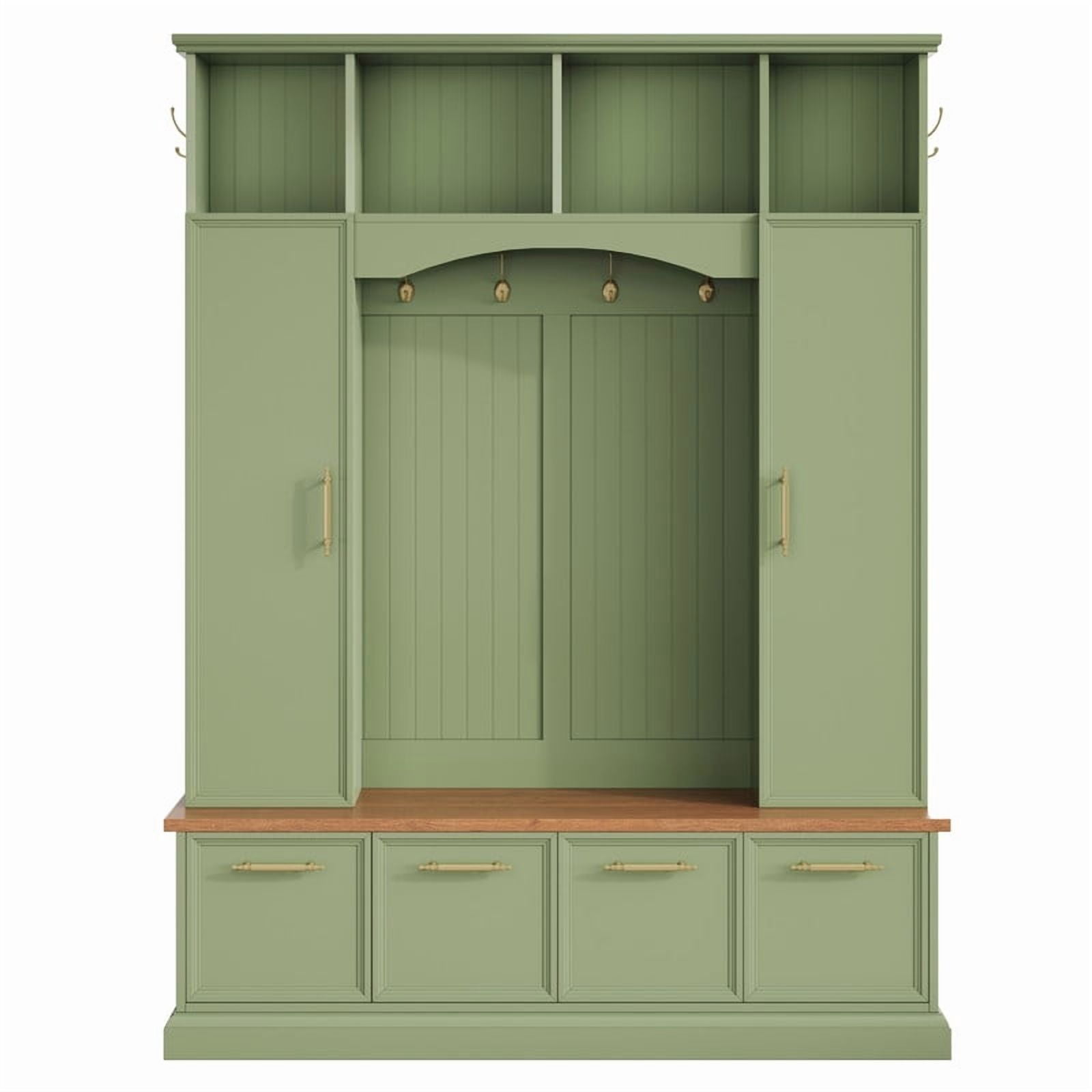 Farmhouse 4-in-1 Hall Tree with Golden Hooks & Handles, Entryway Shoe Bench with Adjustable Shelves, Farmhouse Coat & Shoe Rack for Mudroom