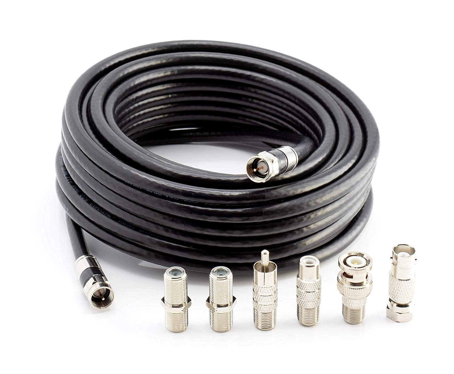 THE CIMPLE CO - Digital Coaxial Cable Kit with Universal Ends -RG6 Coax Cable and six (6) Piece Adapter Kit includes Male Female RCA BNC F81, and Barrel Connectors - Black, 3 Feet