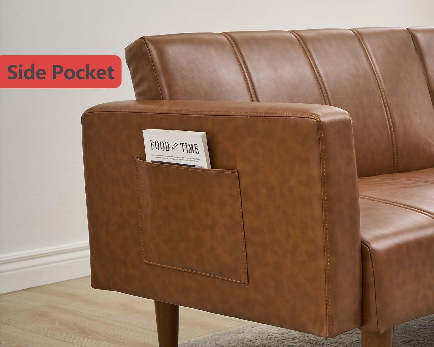 75 in Futon Sofa Bed - Convertible Sleeper Sofa with Adjustable Backrest - Loveseat Small Sofa Bed with Side Pockets - Mid Century Modern Futon Couch - Brown PU Leather Couch for Living Room
