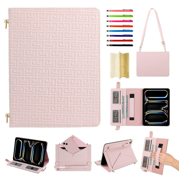 Case for iPad mini 1/2/3/4/5, Folio Stand PU Leather Rugged Cover with Shoulder Strap and Handstrap with elastic, Multi-Card Slots Cash Pockets Pen Slot Envelope Pocket Wallet Case, Pink