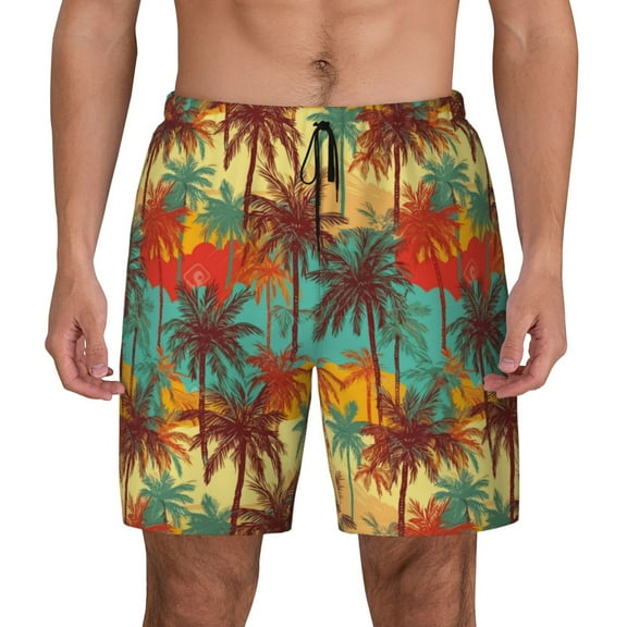 Fotbe Colorful Hawaii Palms Men’s Swim Trunks Quick Dry Swim Shorts Board Shorts with Mesh Lining-Small